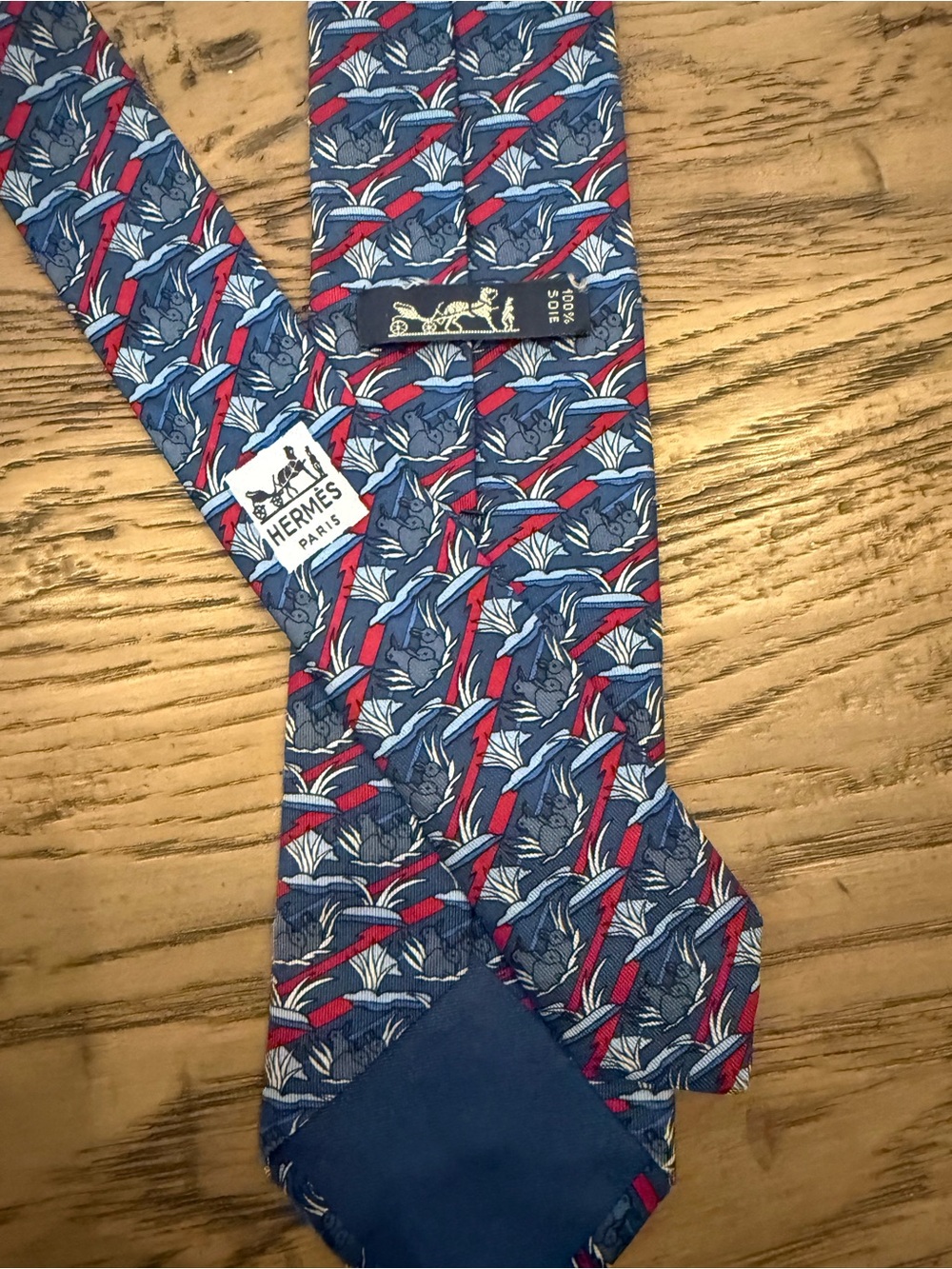 Hermes Blue, Red & White Silk Patterned Tie